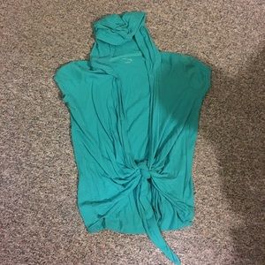 Short sleeve hooded tie front cardigan